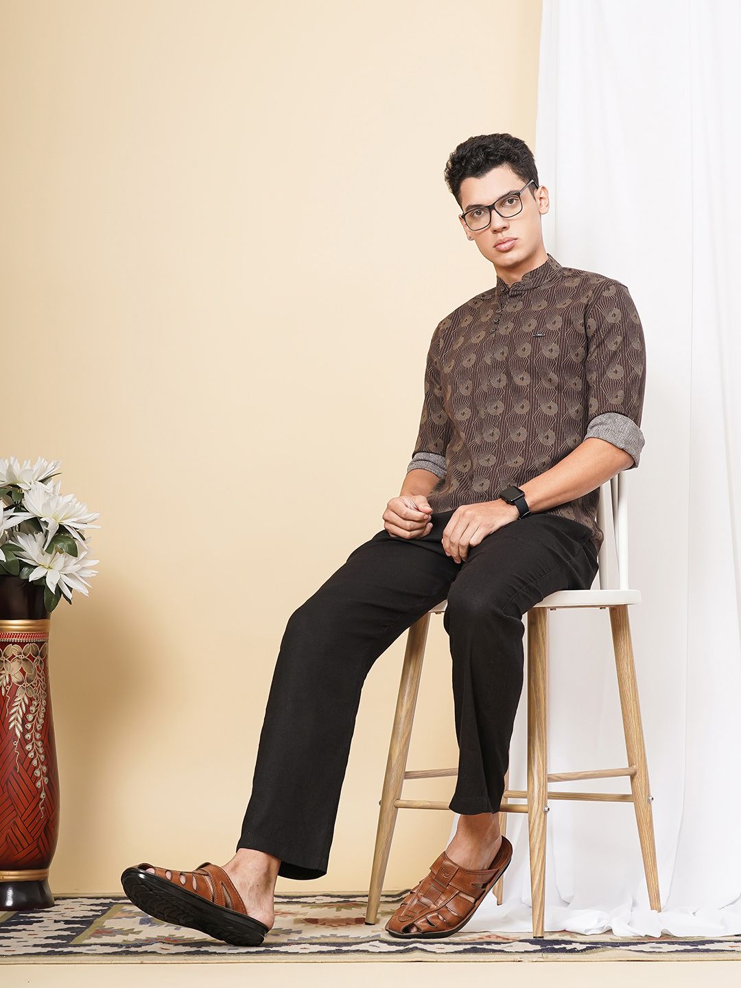The Indian Garage Co Men Brown & Green Printed Cotton Casual Shirt