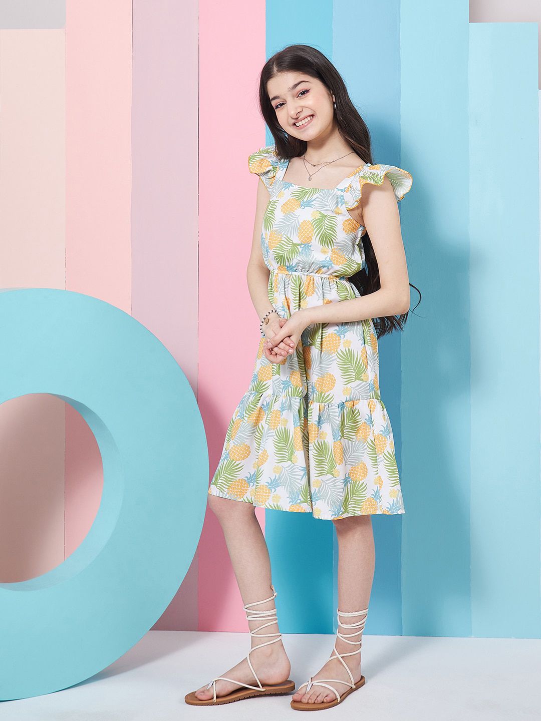 pspeaches Girls Floral Print Square Neck Flutter Sleeves Fit & Flare Dress