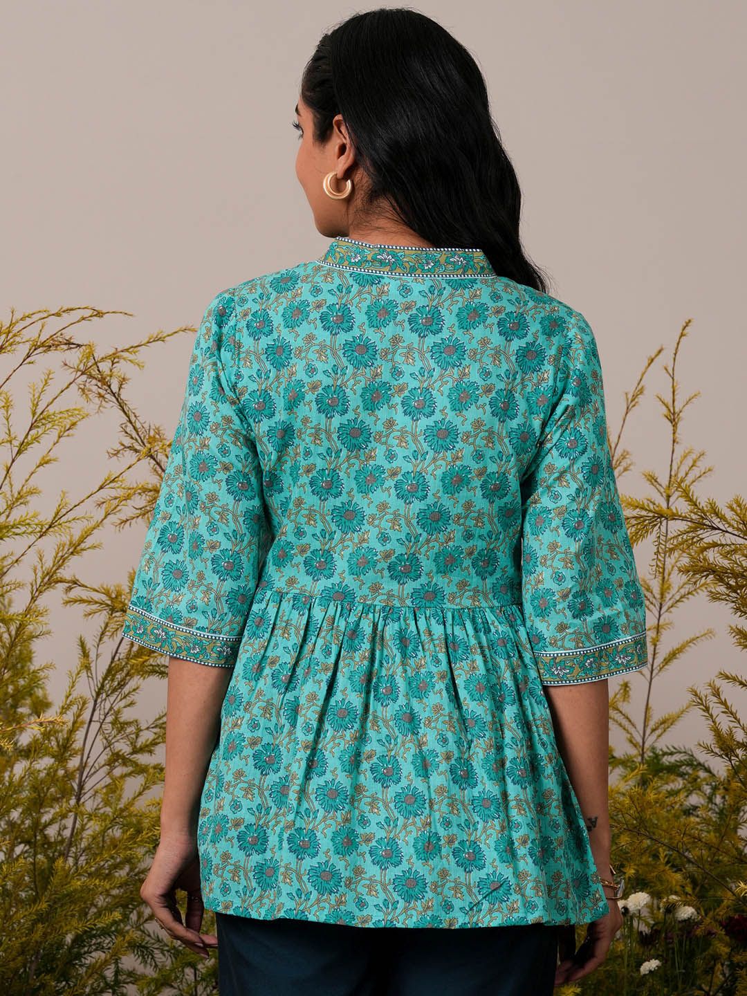 Libas Floral Block Printed V-Neck Flared Sleeves Pure Cotton Pleated A-Line Kurti