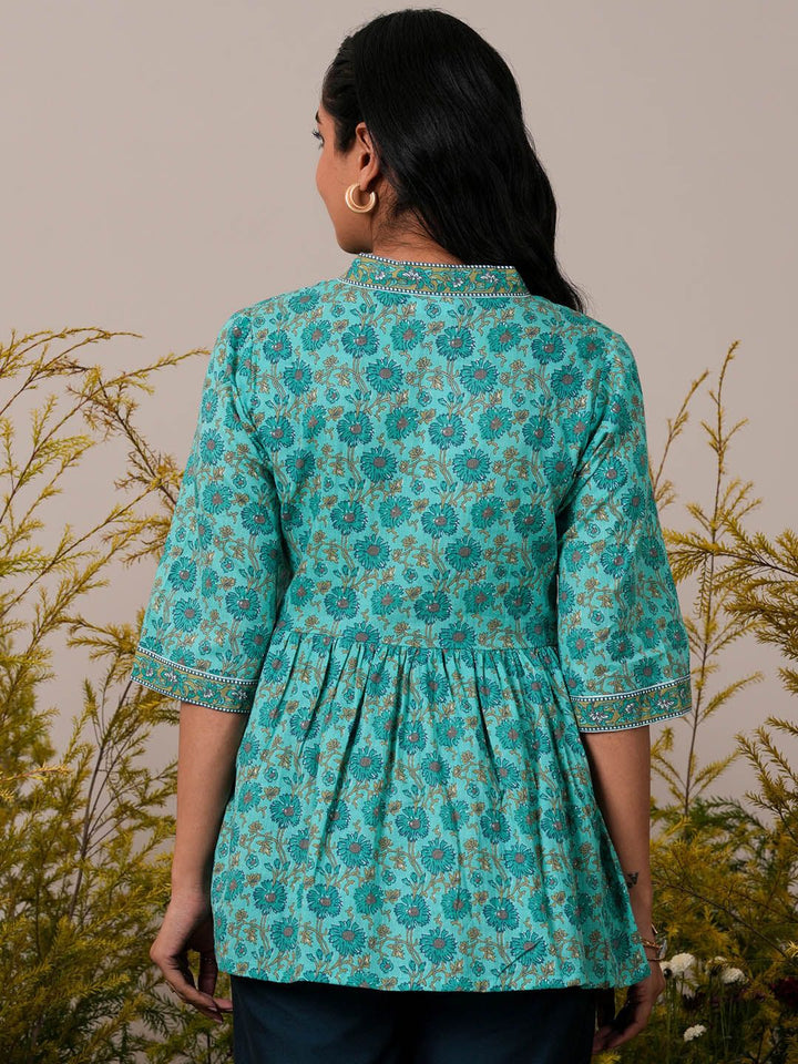 Libas Floral Block Printed V-Neck Flared Sleeves Pure Cotton Pleated A-Line Kurti