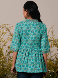Libas Floral Block Printed V-Neck Flared Sleeves Pure Cotton Pleated A-Line Kurti