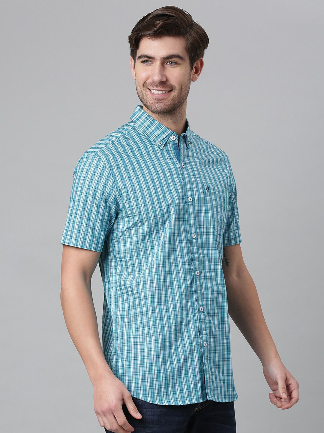 Thomas Scott Men Blue & White Relaxed Gingham Checks Checked Pure Cotton Casual  Shirt