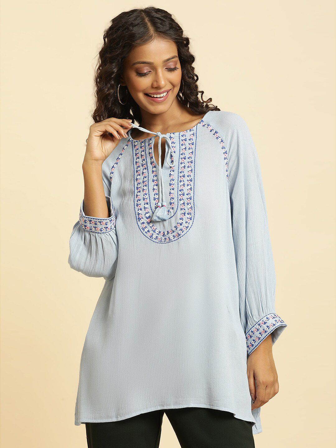 W Blue & Pink Tie-Up Neck Raglan Sleeves Embroidered Top