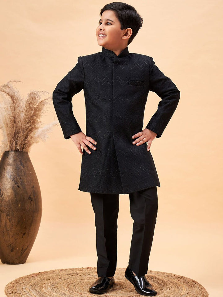 VASTRAMAY Boys Self Design Mandarin Collar Sherwani Set