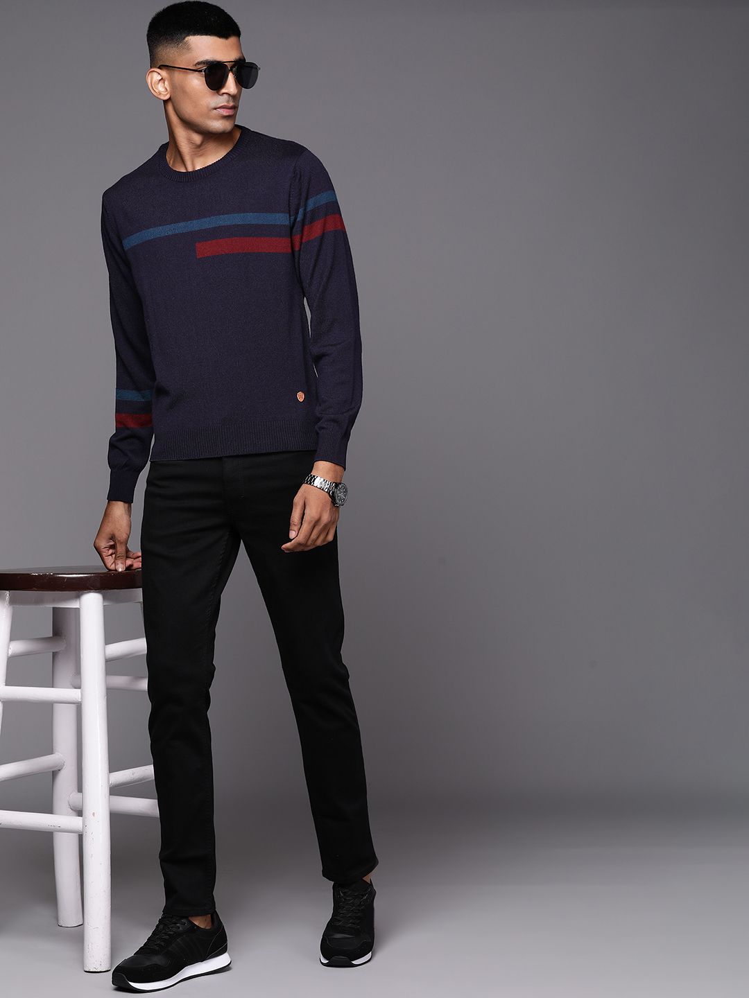 Raymond Men Navy Blue Striped Pullover