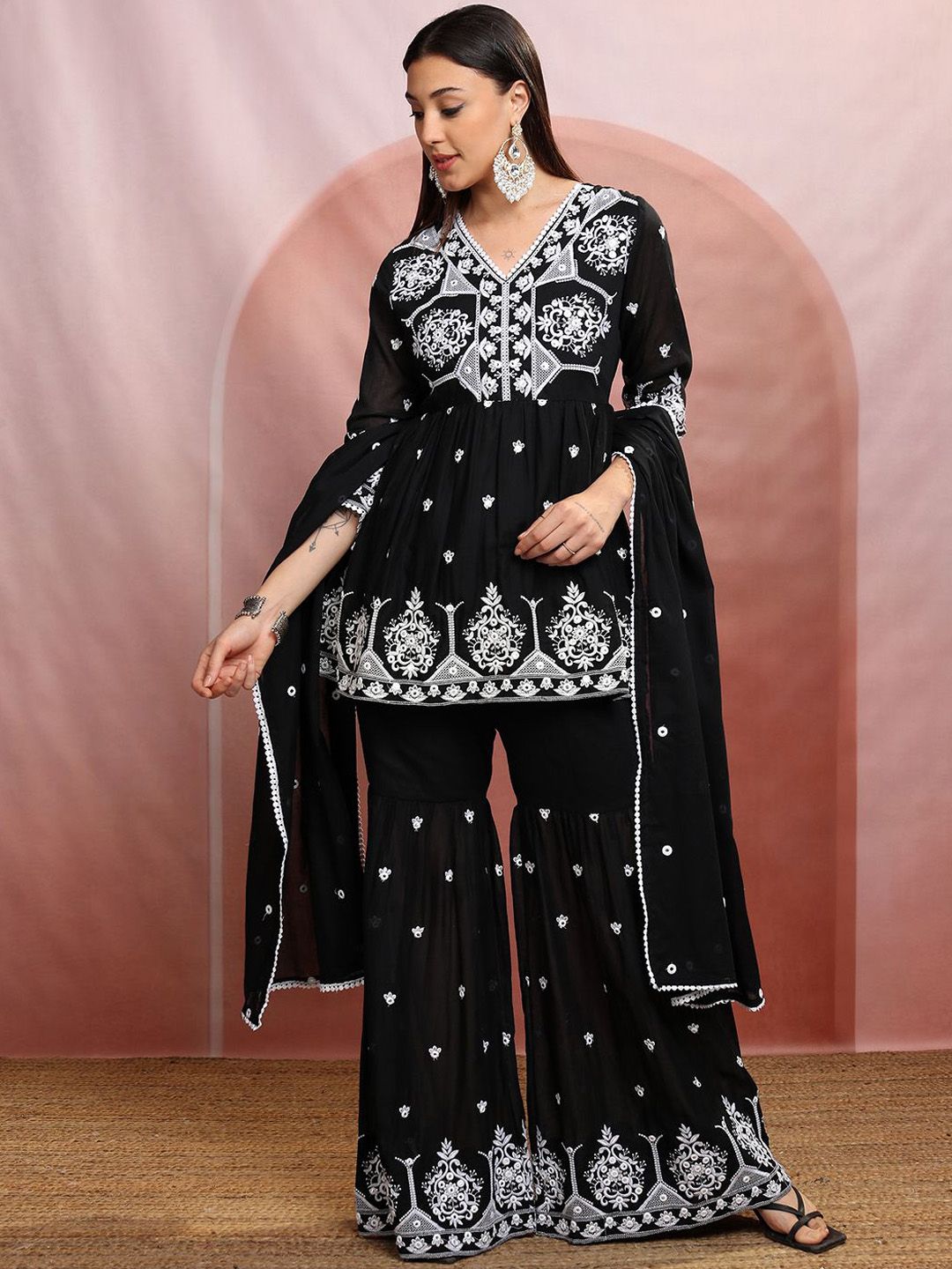 Vishudh Black Floral Embroidered Thread Work Pure Cotton Kurti with Sharara & Dupatta