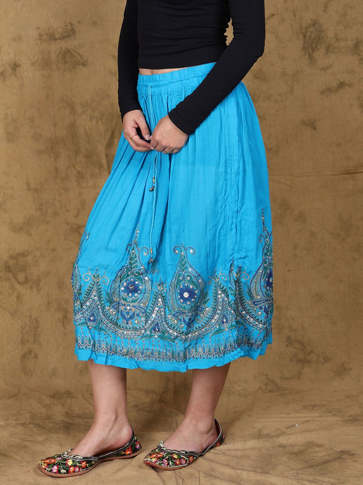 Exotic India Embroidered Flowers Flared Midi Skirt
