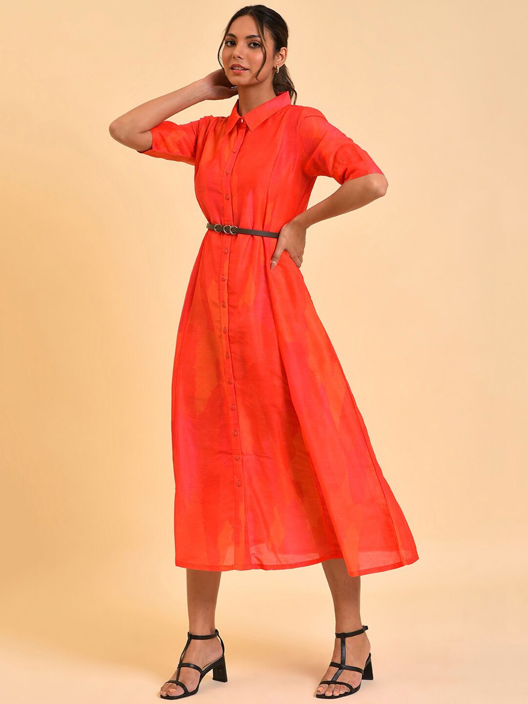 W Red Shirt Midi Dress With Belt