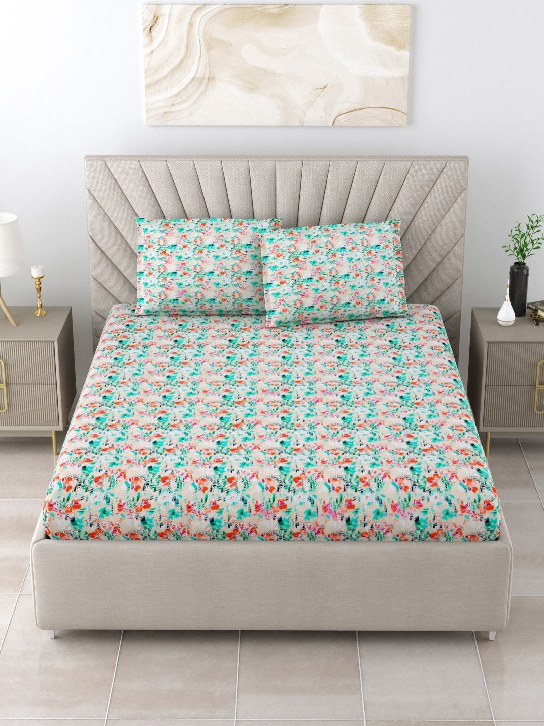 BOMBAY DYEING Dream Lover Green Floral Cotton 104 TC Queen Bedsheet Set 2.54 m x 2.24 m