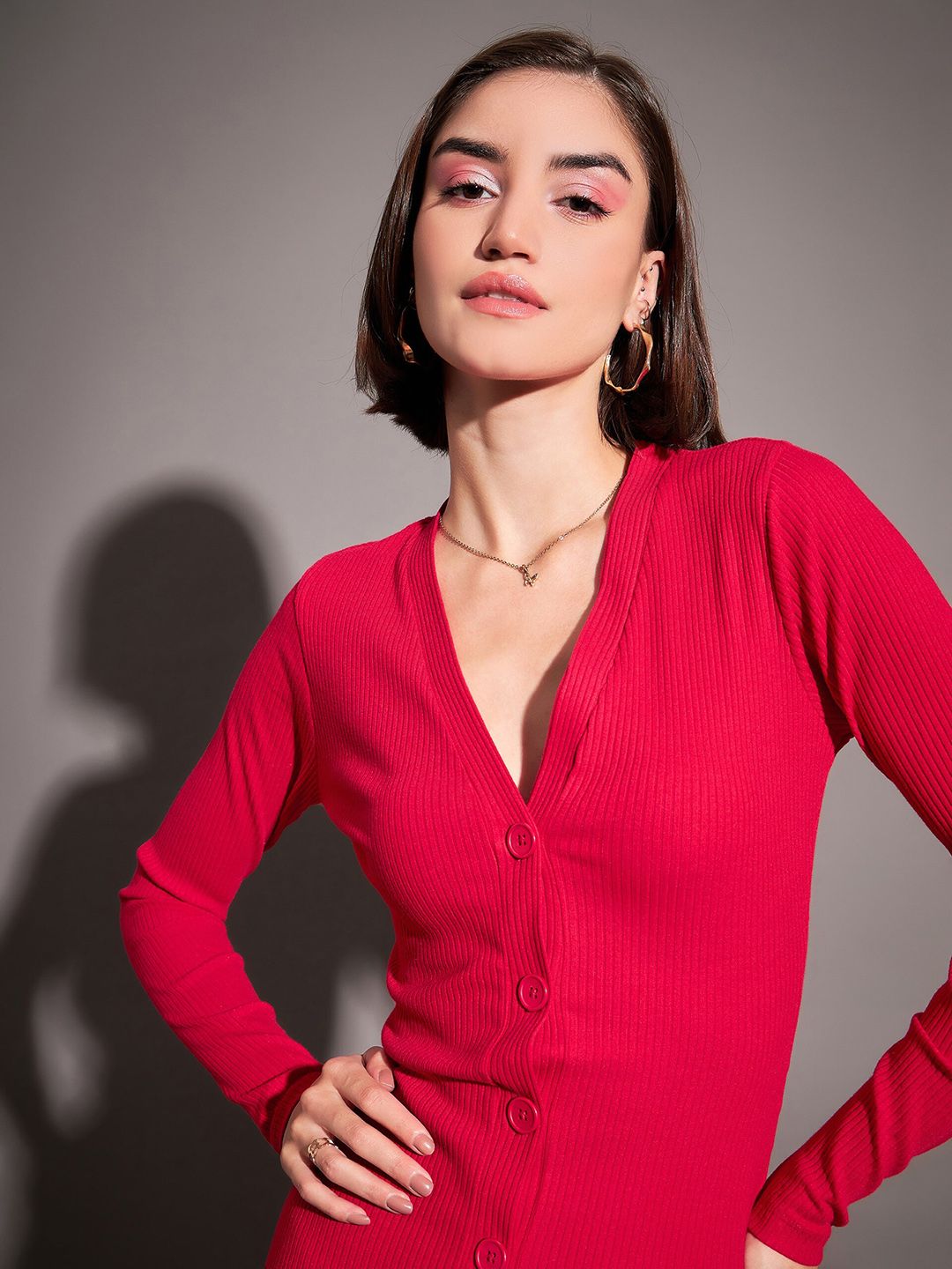 SASSAFRAS Red V-Neck Ribbed Sheath Midi Dress