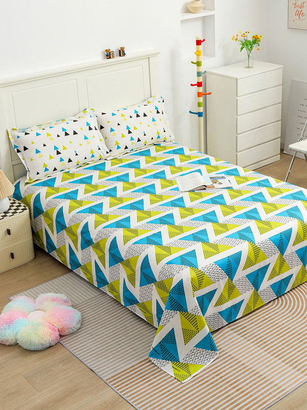 Story@home Ventura Green Geometric 144 TC Cotton Queen Bedsheet With 2 Pillow Covers