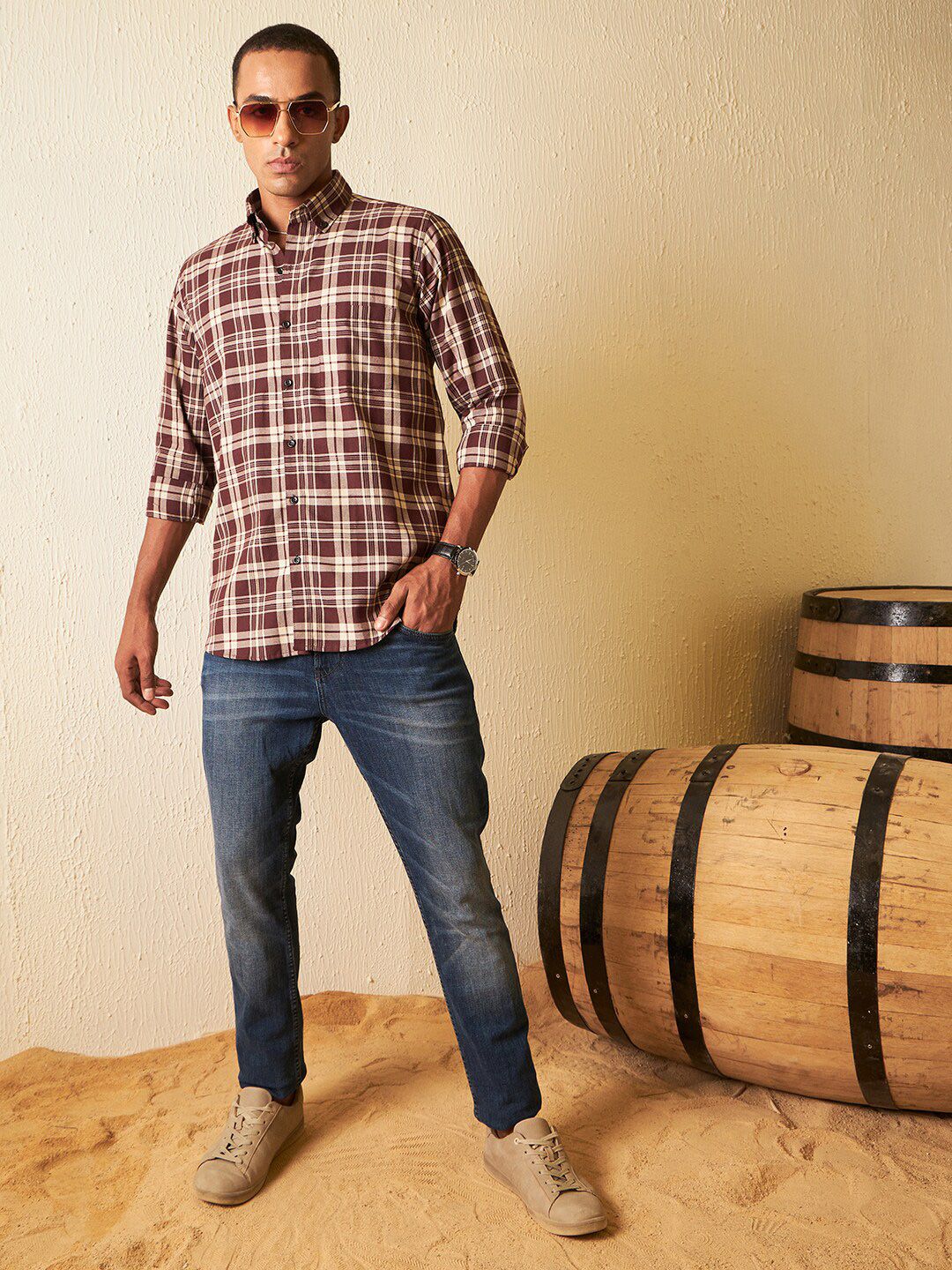 DENNISON Smart Tartan Checked Button-Down Collar Cotton Casual Shirt