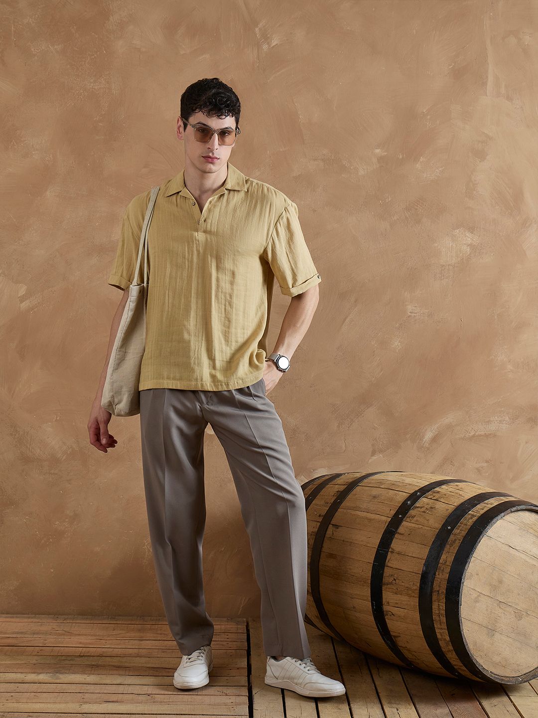 DENNISON Men Oversized Fit Solid Cuban Collar Casual Shirt
