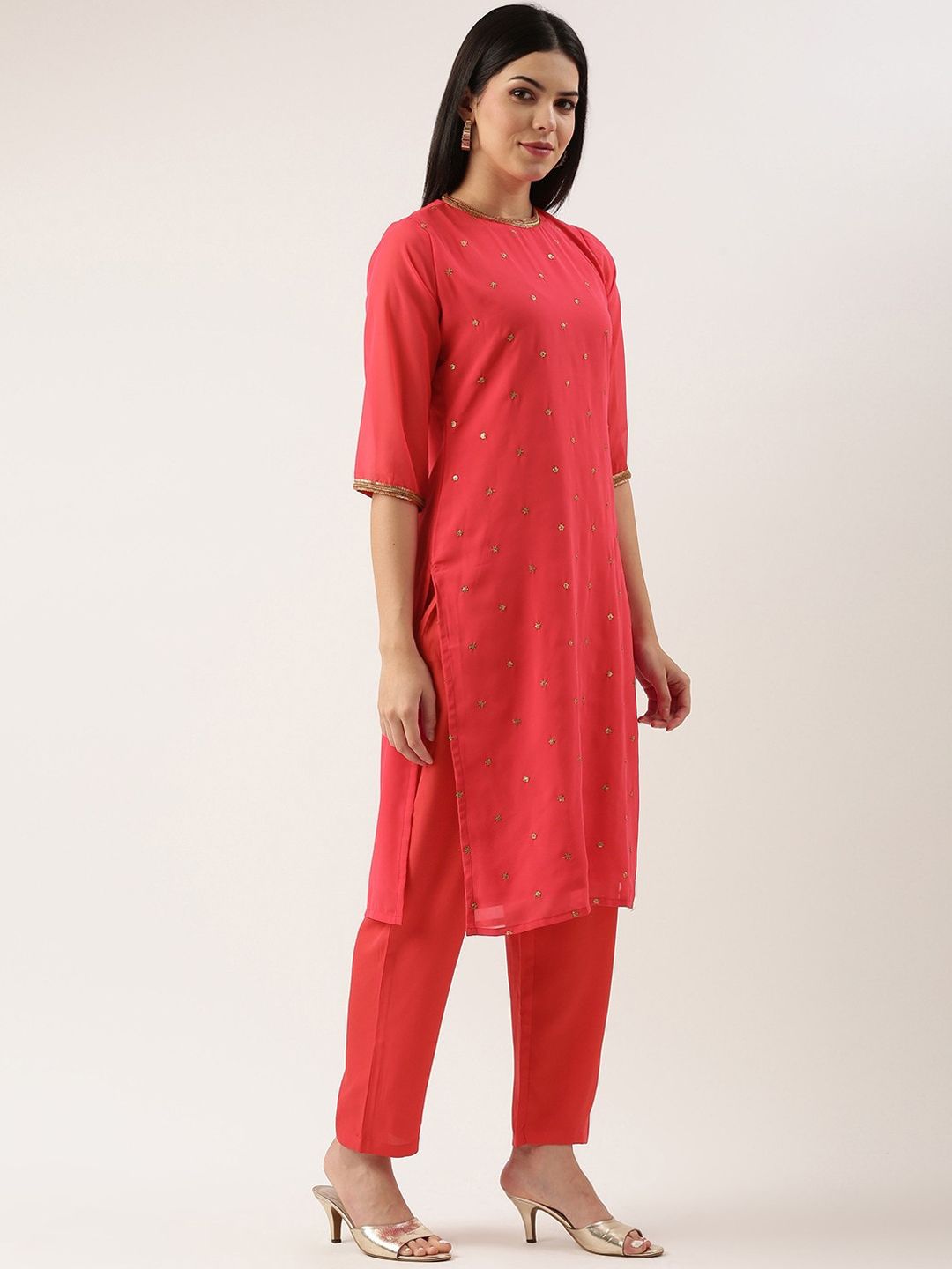 KALINI Round Neck Ethnic Motifs Regular Sequinned Kurta with Trousers