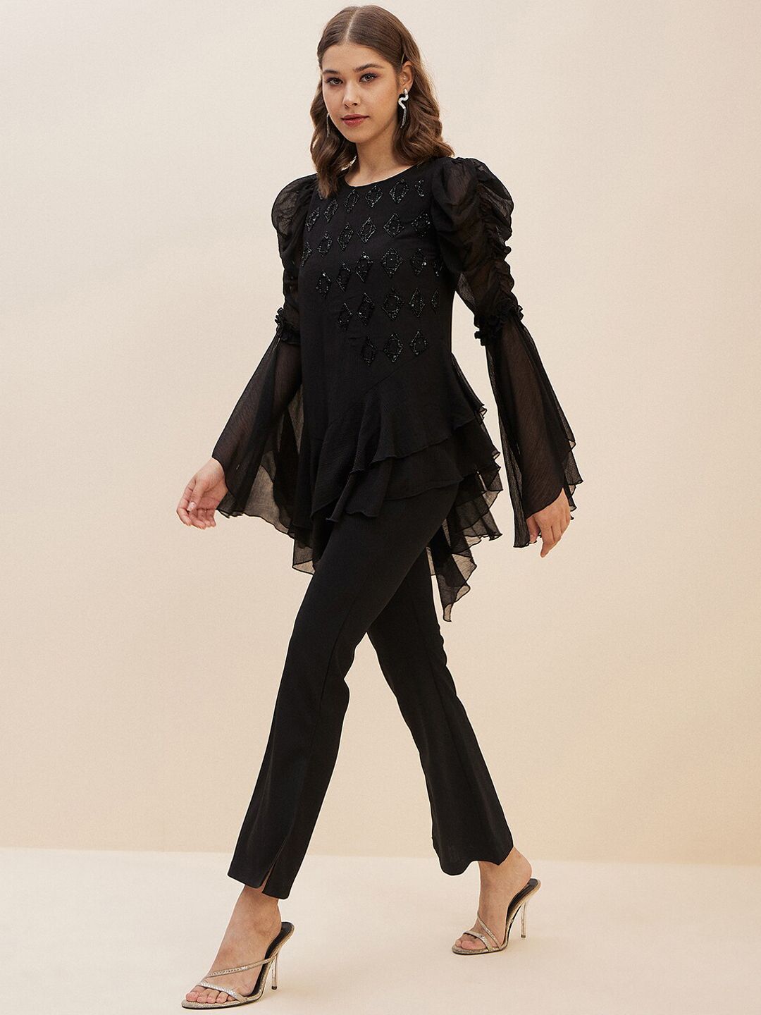 Antheaa Black Embellished Top With Trousers