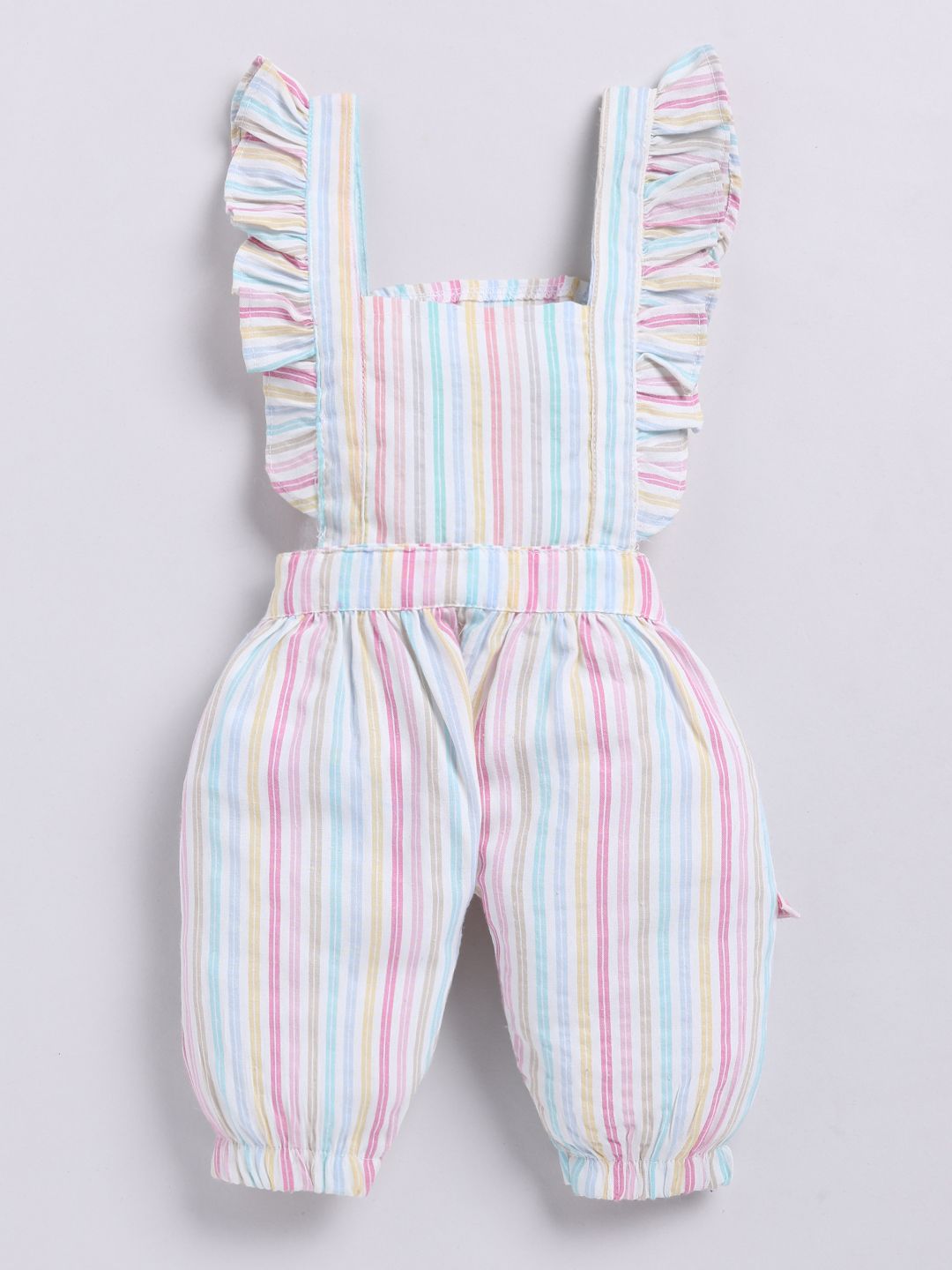 Moms Love Infants Girls Cotton Striped Ruffled Dungarees with T-shirt & Headband