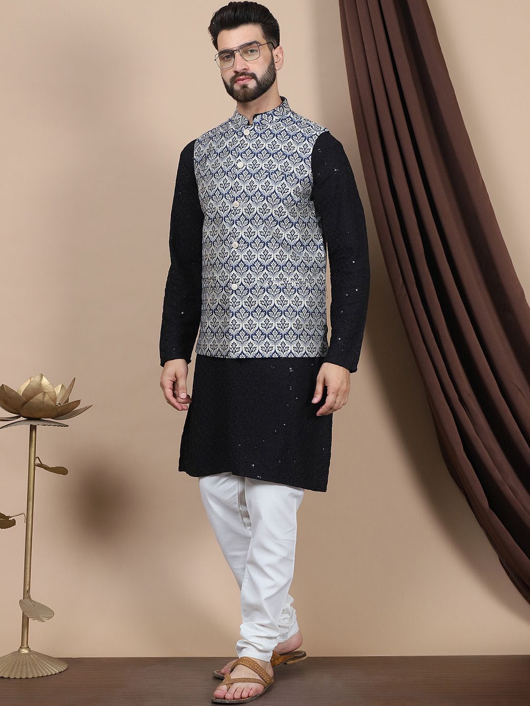 Anouk Black Ethnic Motifs Embroidered Straight Sequinned Pure Cotton Kurta with Churidar