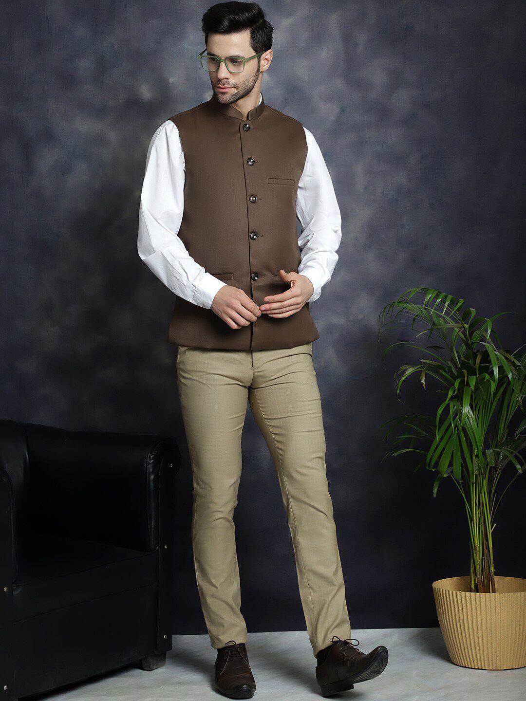 Anouk Brown Mandarin Collar Woven Nehru Jacket