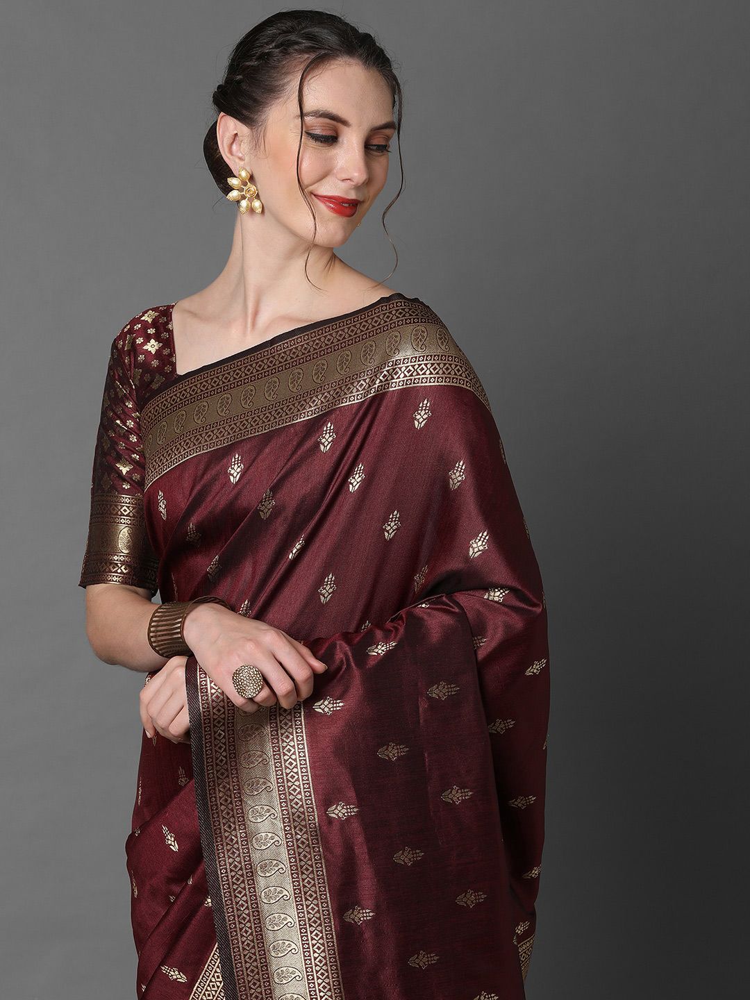 Mitera Brown & Gold-Coloured Ethnic Motifs Woven Design Silk Blend Banarasi Saree