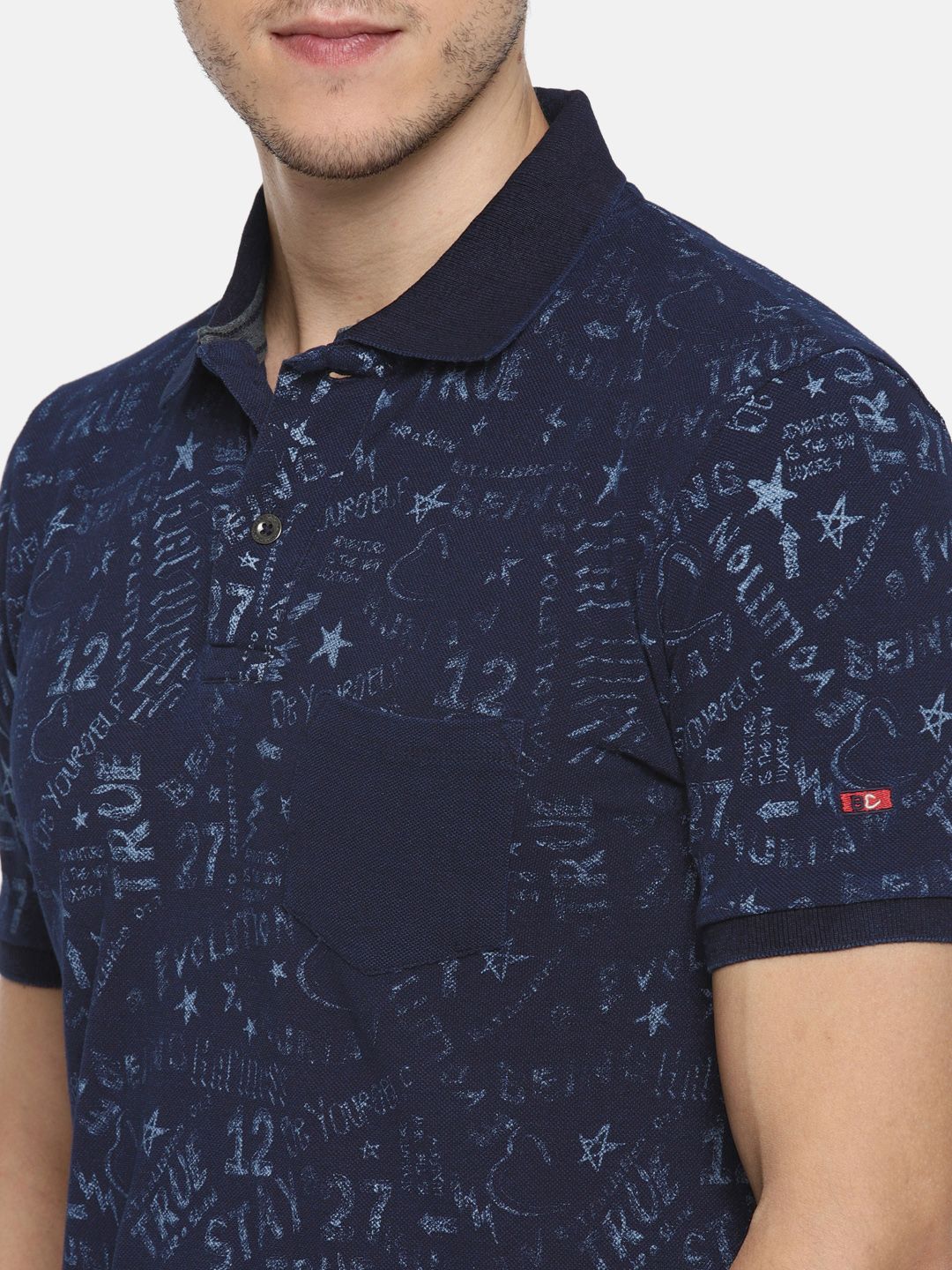 Being Human Men Blue Printed Polo Collar Pure Cotton T-shirt