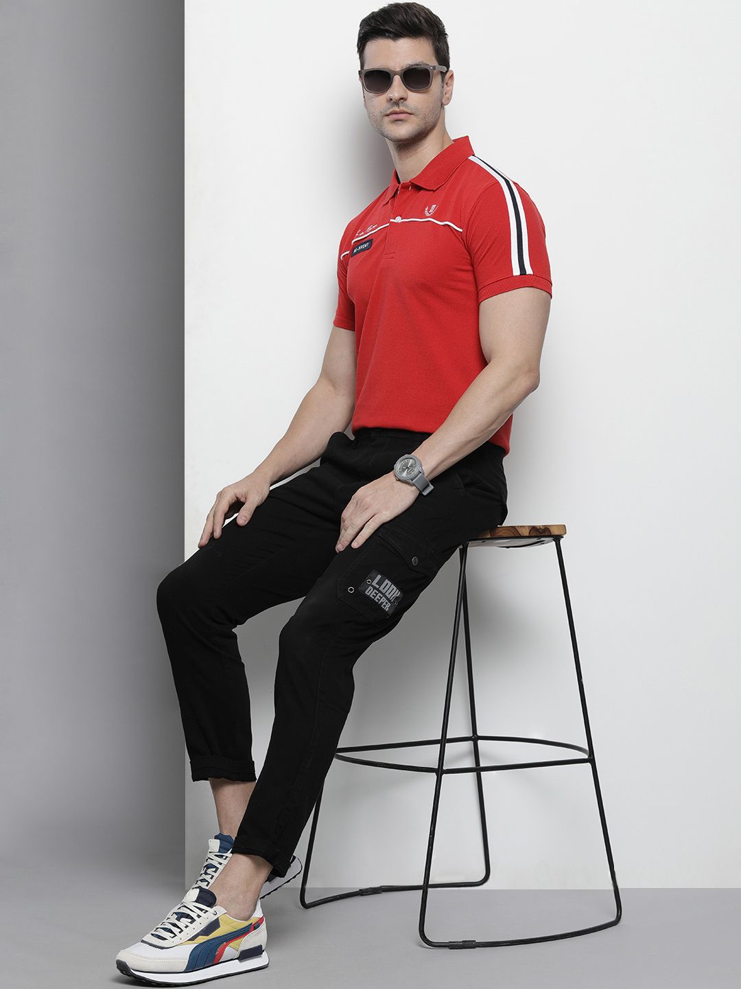 The Indian Garage Co Men Red Solid Polo Collar Applique Detail Slim Fit T-shirt