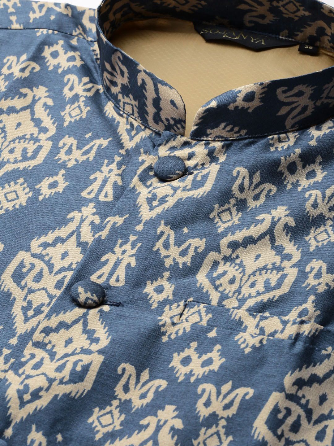 SOJANYA Ethnic Motif Printed Mandarin Collar Kurta With Churidar & Nehru Jacket