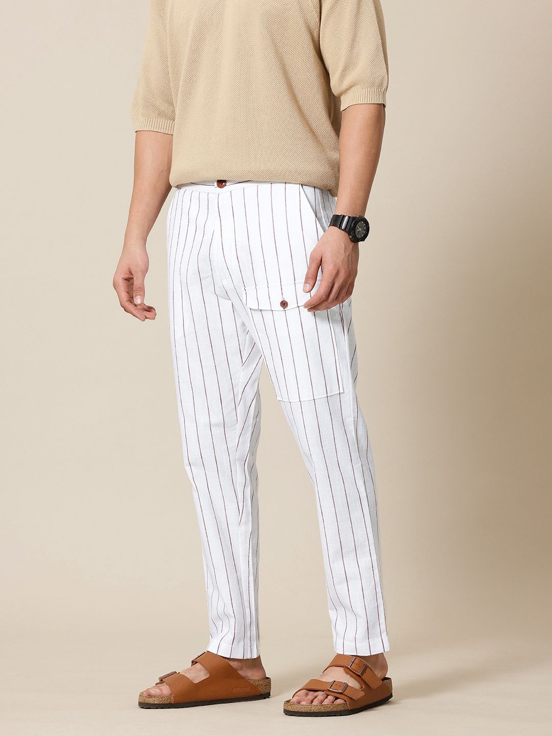 Mr Bowerbird Men Cotton Flax Liberal Fit Striped Trousers