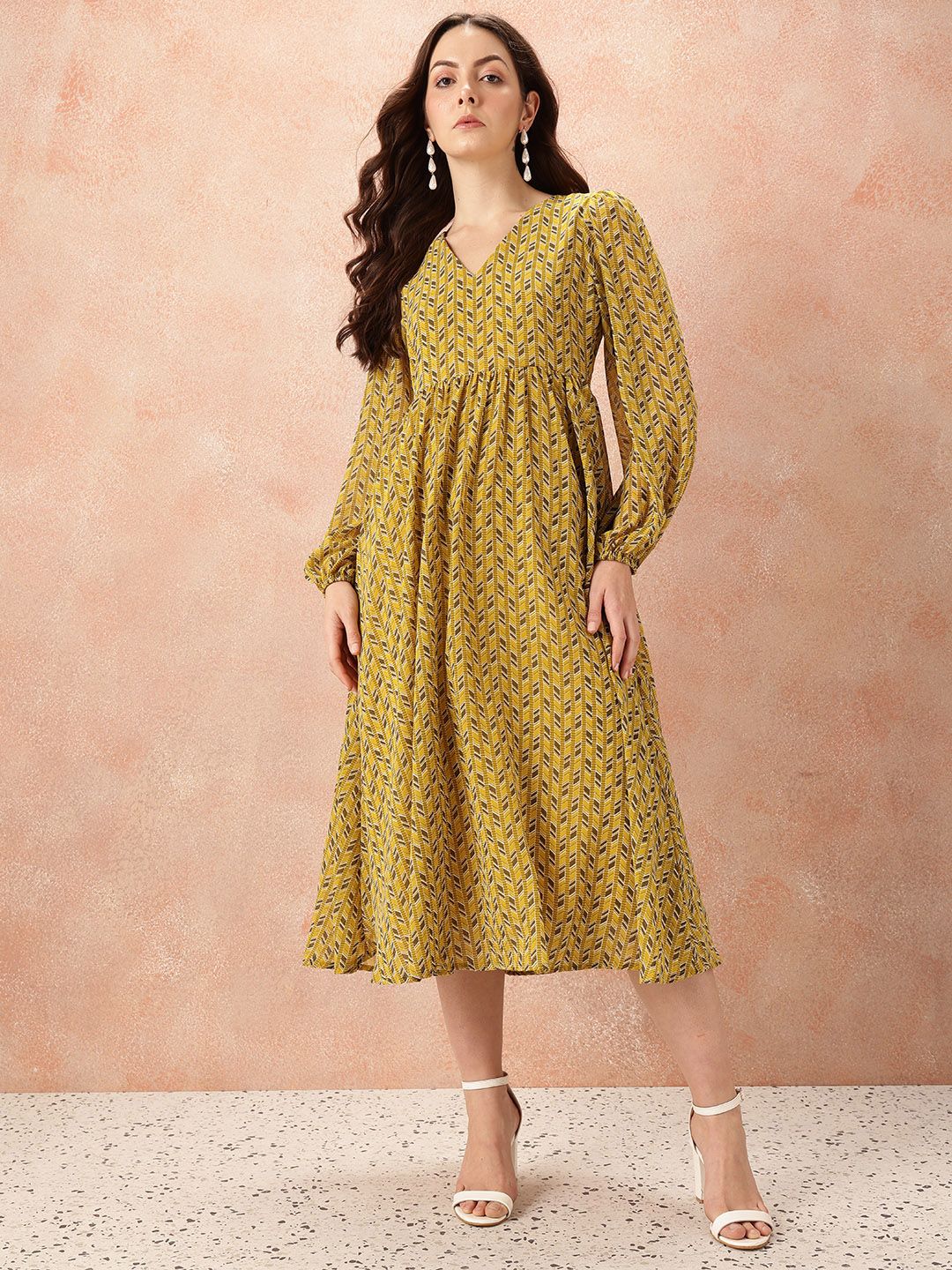 all about you Geometric Print Puff Sleeve Fit & Flare Midi Dress