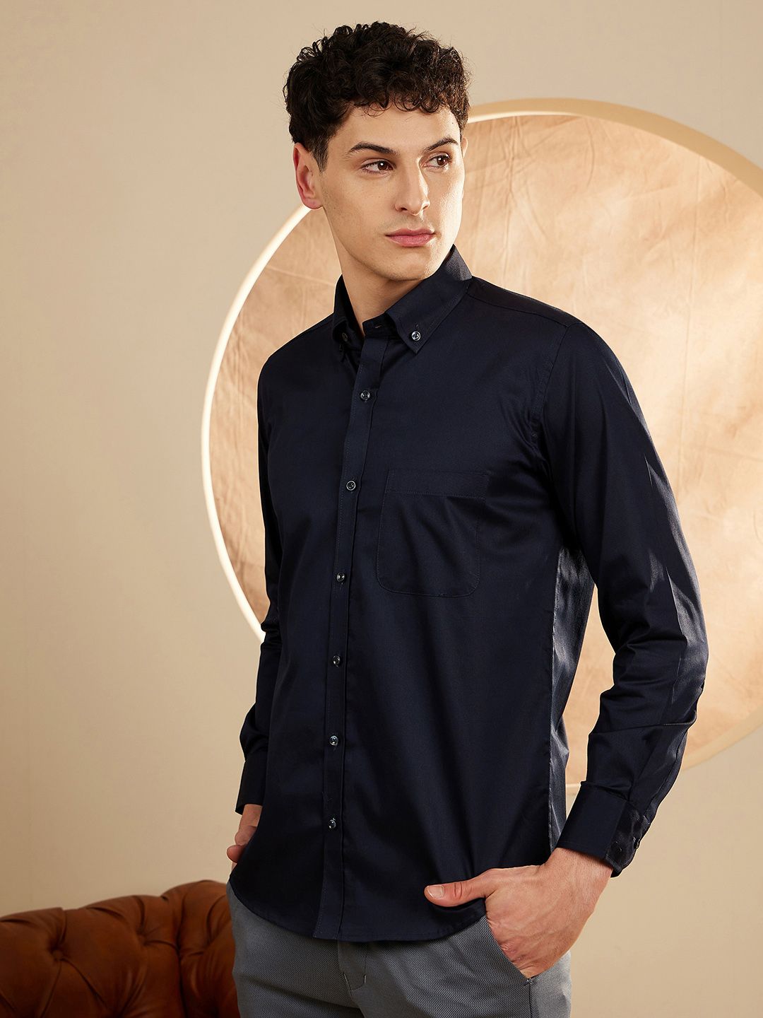 DENNISON Men Navy Blue Smart Slim Fit Water & Stain Repellent Solid Casual Shirt