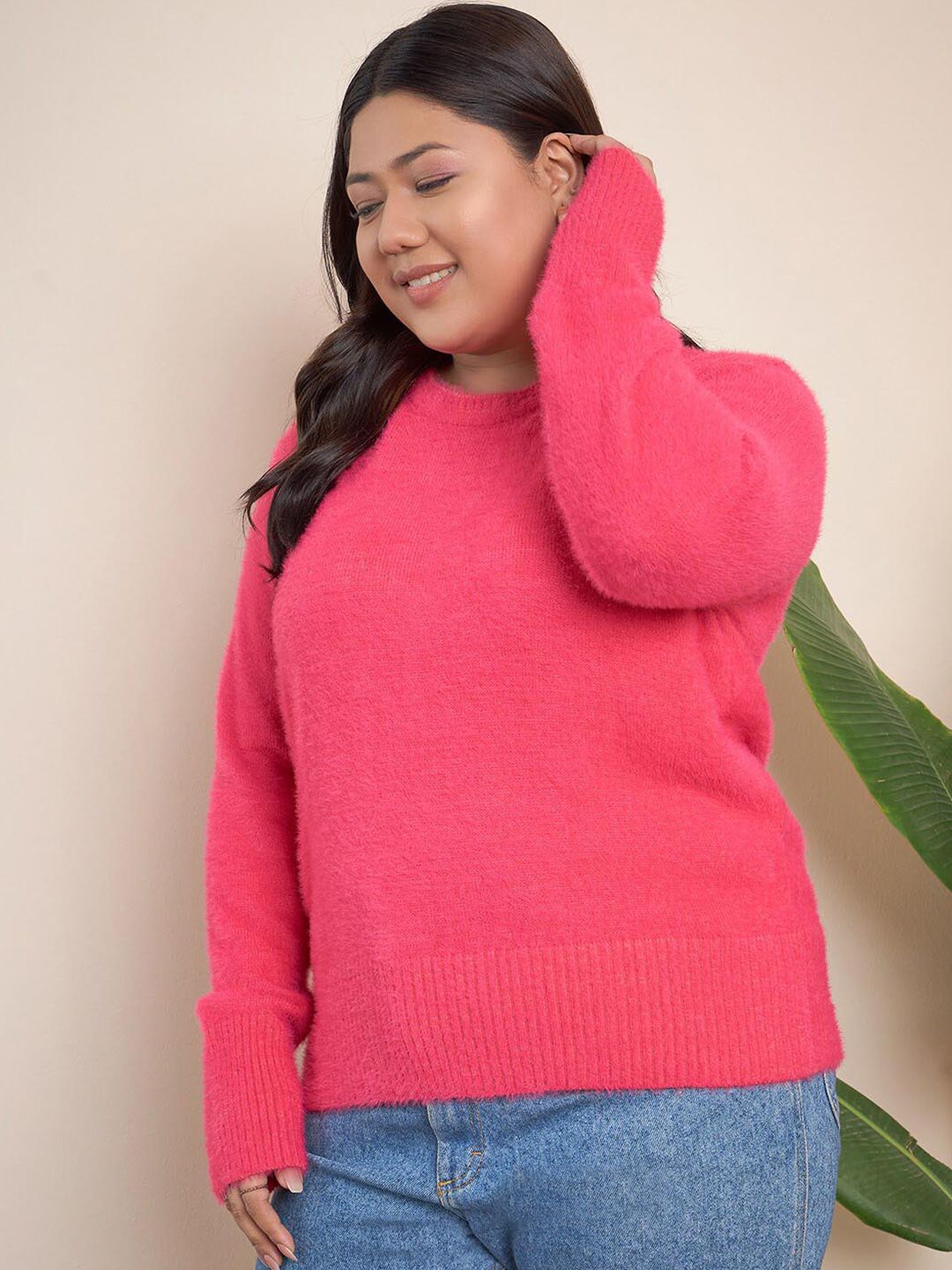 CURVY STREET Plus Size Round Neck Acrylic Pullover