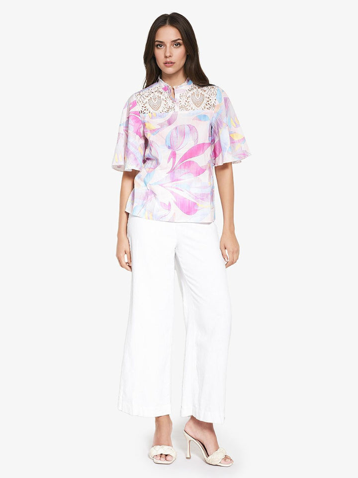 RAREISM High Neck Floral Print Flared Sleeve Cotton Top