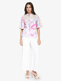 RAREISM High Neck Floral Print Flared Sleeve Cotton Top
