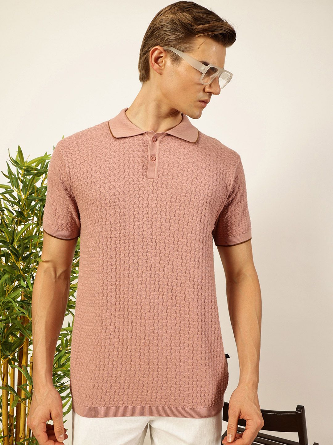Thomas Scott Men Self Design Regular Fit Knitted Polo T-shirt