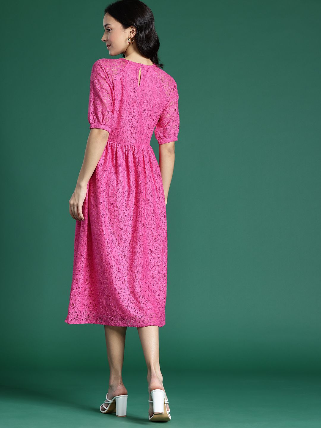 DressBerry Floral Puff Sleeve Lace Midi A-Line Dress