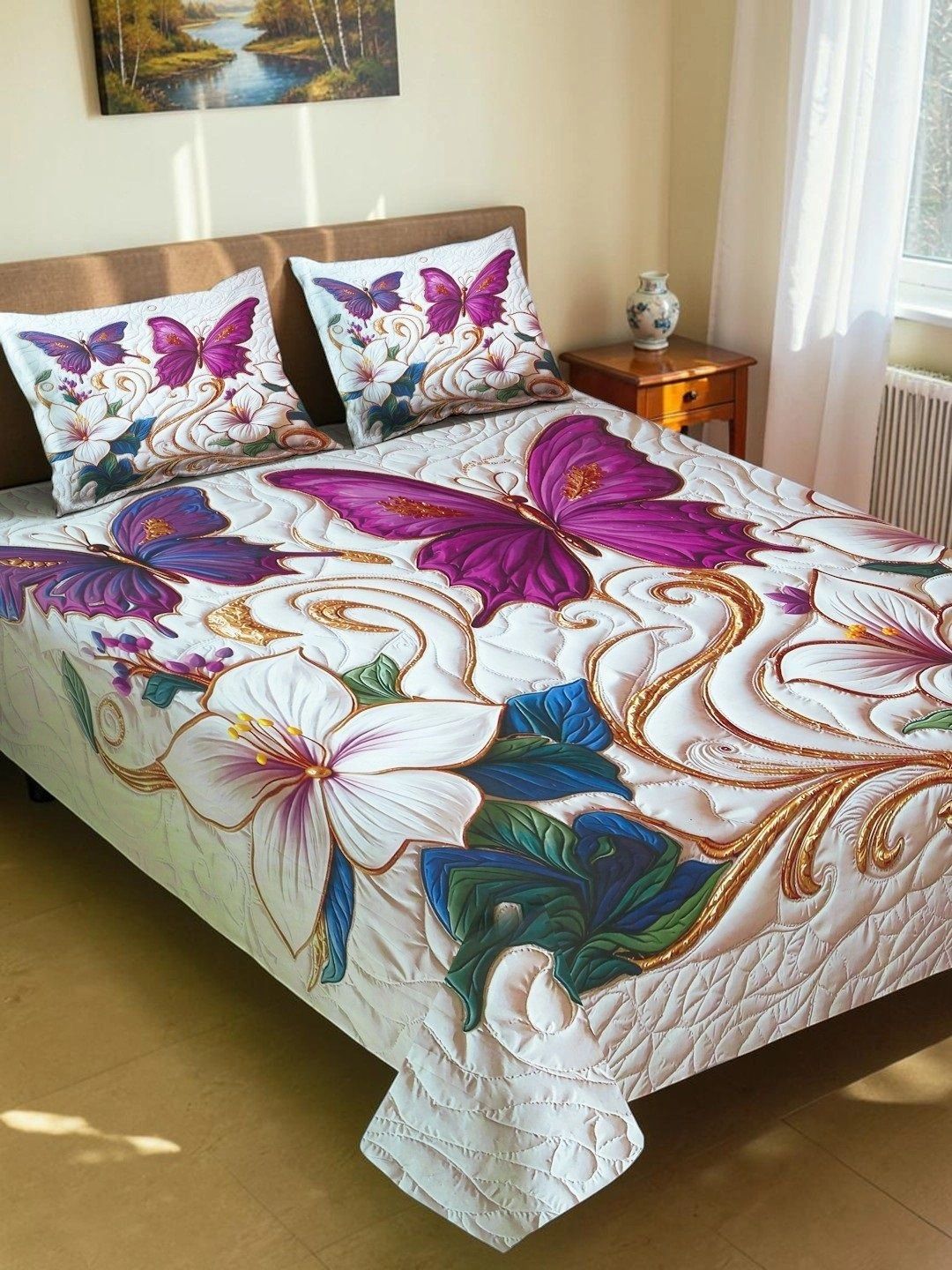 Moda Rapido X KLOTTHE White & Purple Floral 400 TC King Bedsheet with 2 Pillow Covers