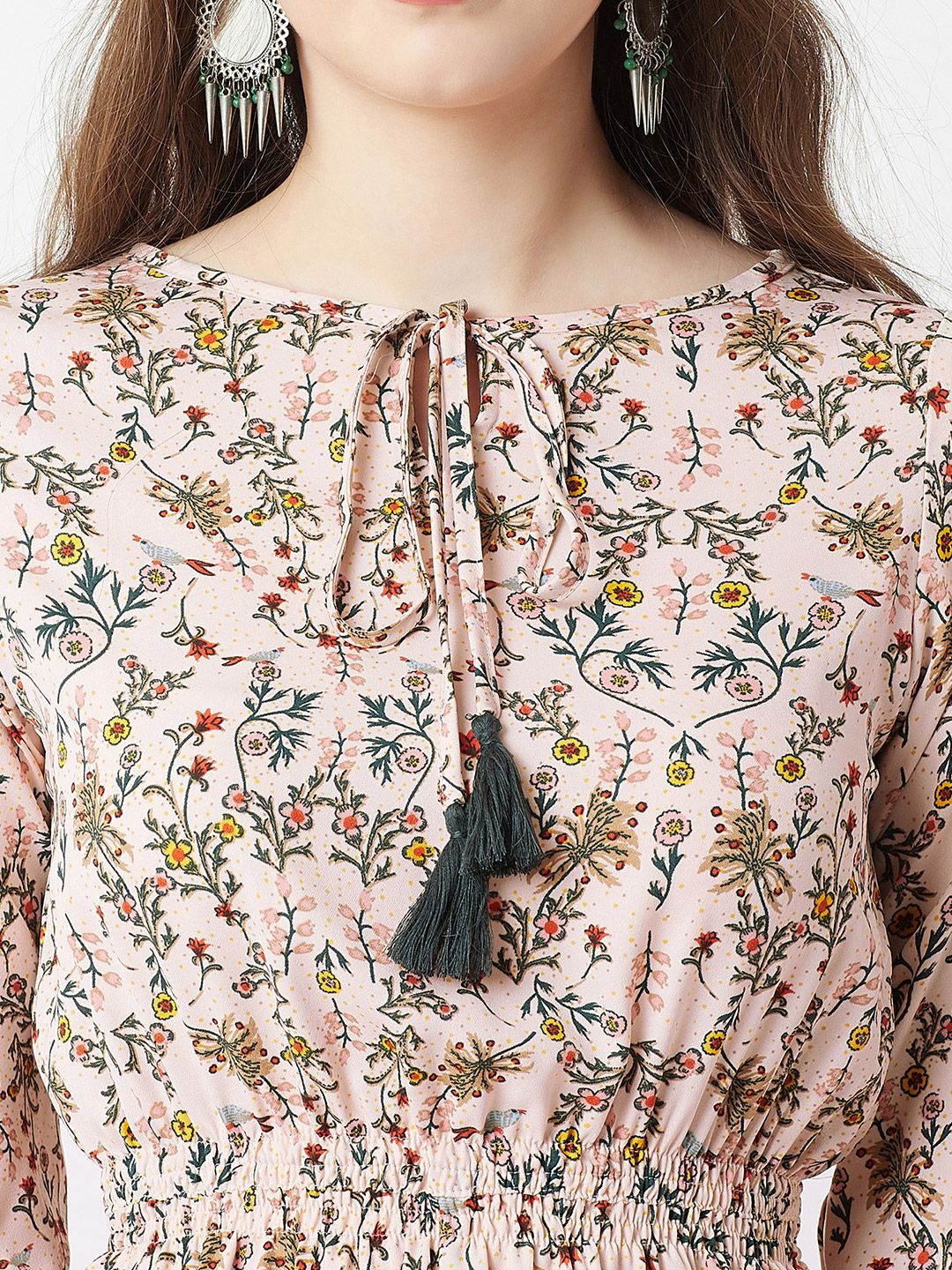 Miss Chase Pink Floral Printed Tie-up Neck Crepe Maxi Longline Top