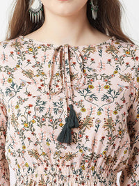 Miss Chase Pink Floral Printed Tie-up Neck Crepe Maxi Longline Top