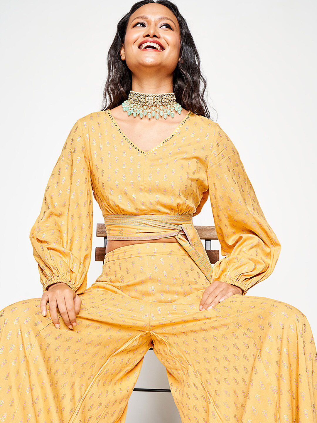 Global Desi V-Neck Top & Mid -Rise Palazzo Co-Ords