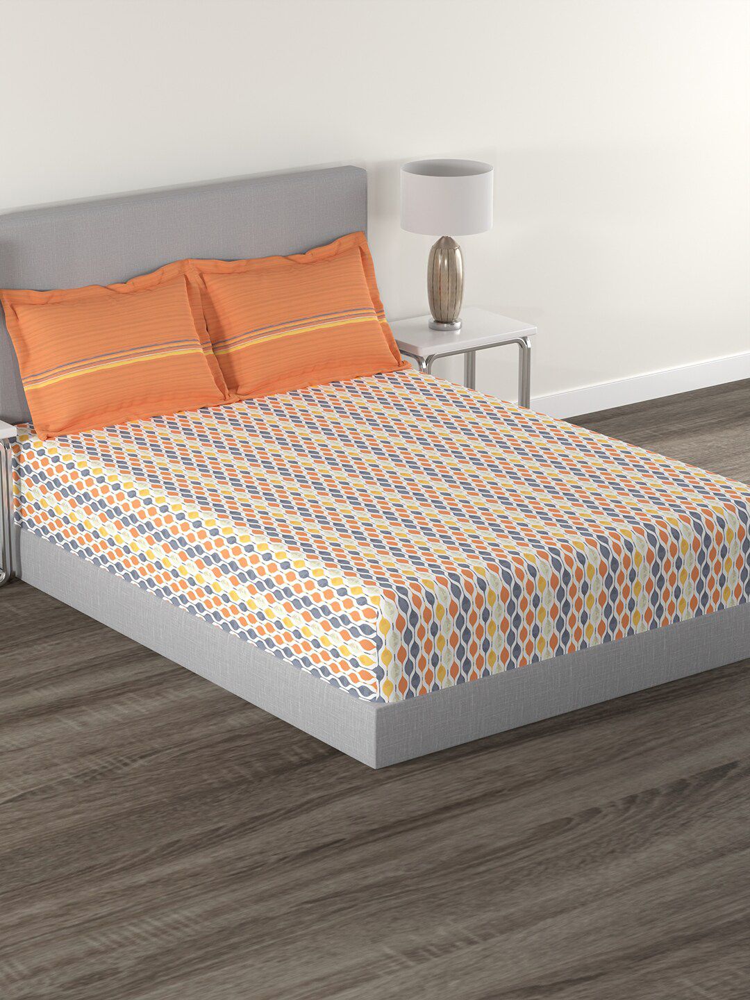 MYTRIDENT Orange  White Geometric Cotton 144 TC Queen Bedsheet With 2 Pillow Covers