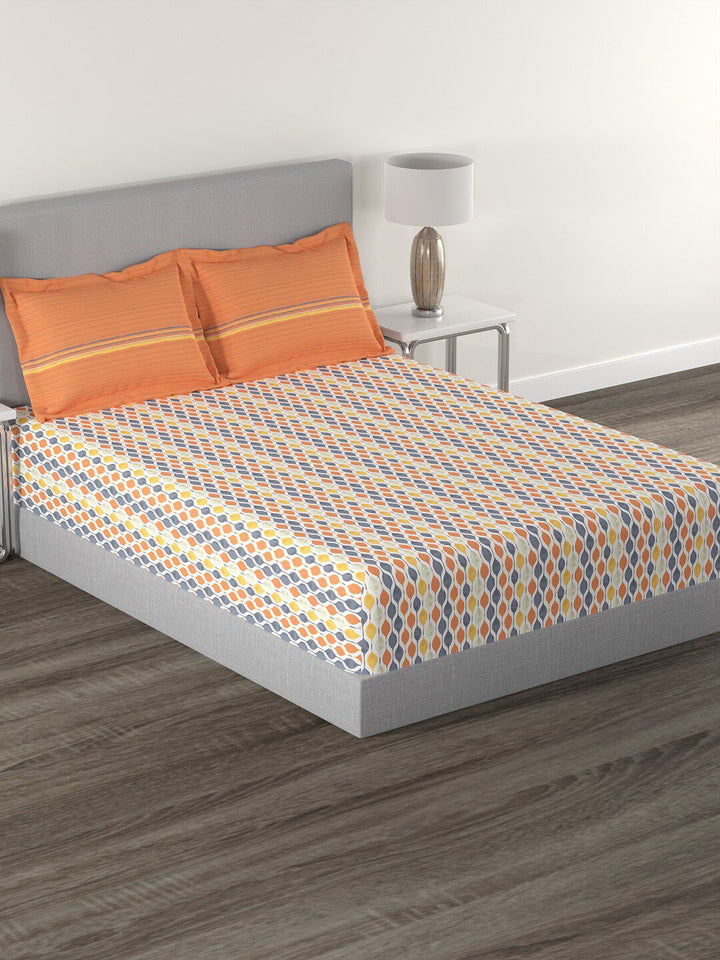 MYTRIDENT Orange  White Geometric Cotton 144 TC Queen Bedsheet With 2 Pillow Covers