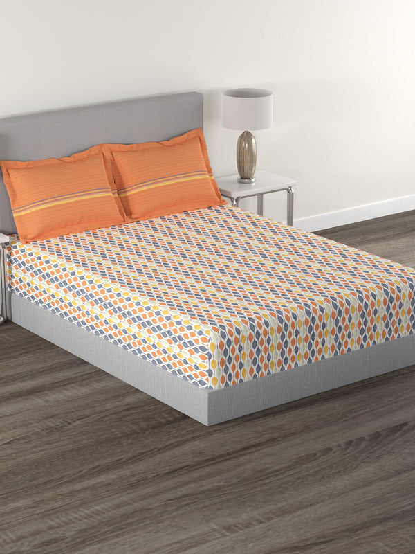 MYTRIDENT Orange  White Geometric Cotton 144 TC Queen Bedsheet With 2 Pillow Covers