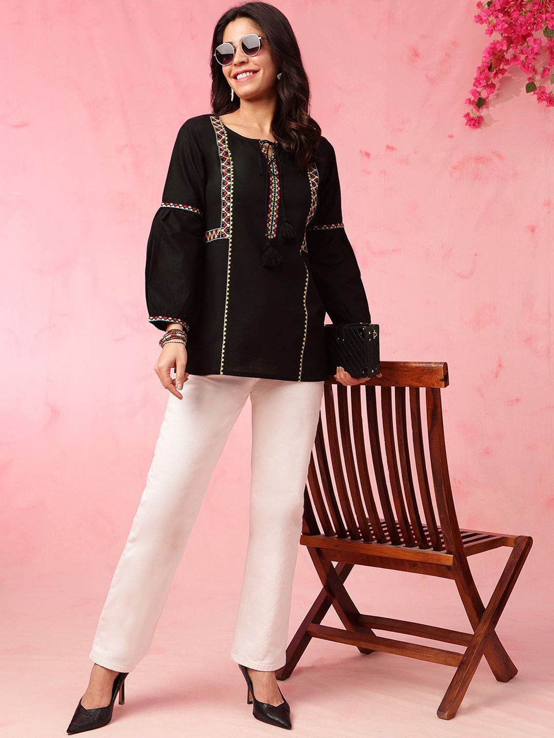 Anouk Black Geometric Embroidered Tie Up Neck Pure Cotton Short Kurti