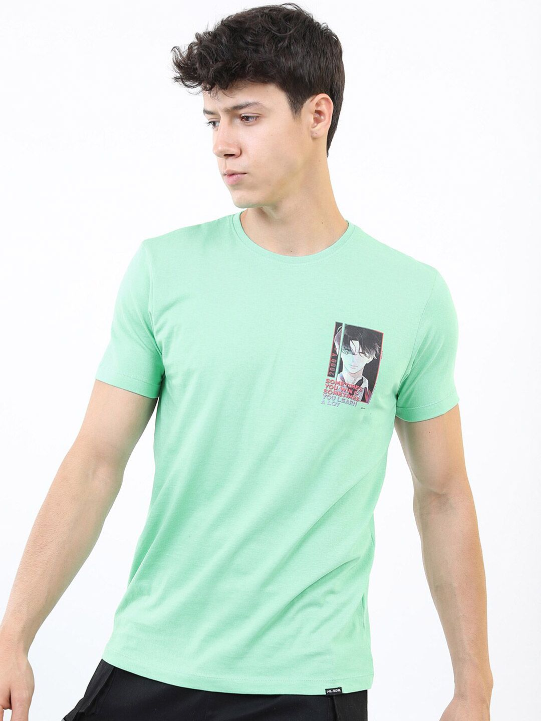 HIGHLANDER Men Green Printed Raw Edge Slim Fit T-shirt