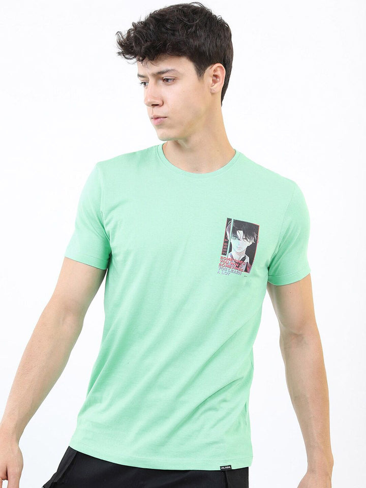 HIGHLANDER Men Green Printed Raw Edge Slim Fit T-shirt
