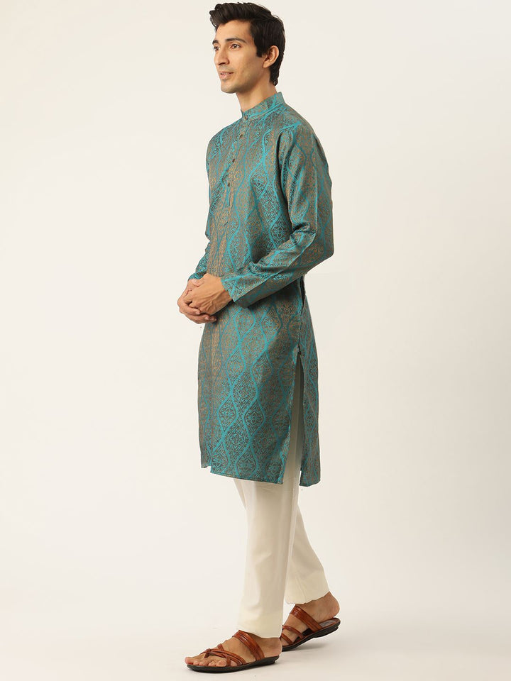 SOJANYA Kurta Rekaan Tenunan Biru Teal & Putih Putih dengan Piyama & Jaket Nehru