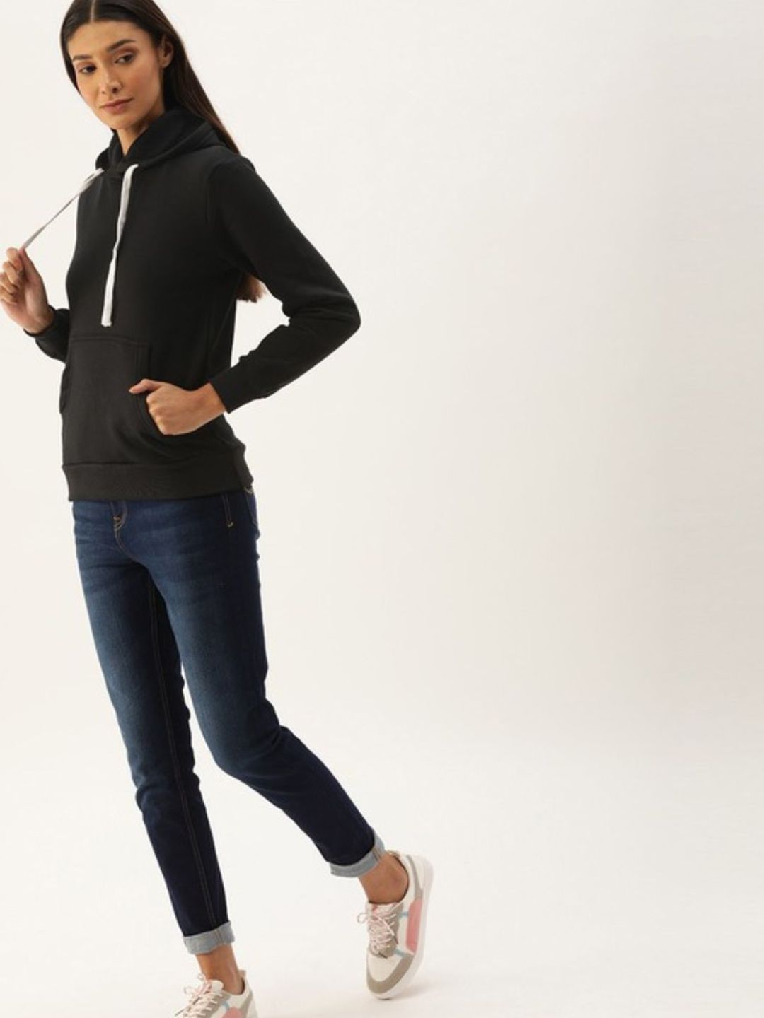 Campus Sutra Women Black Hooded Sweatshirt