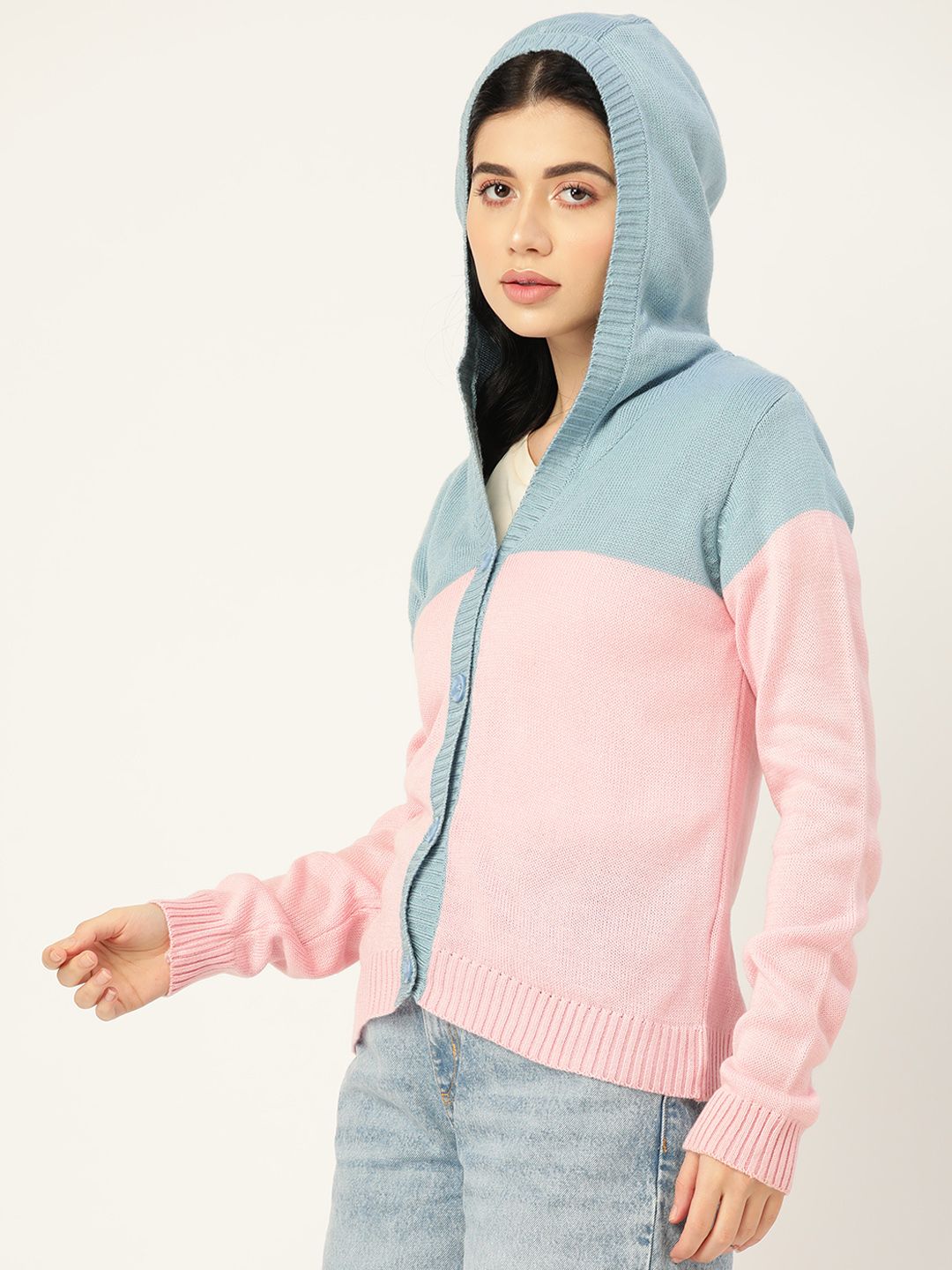 DressBerry Women Blue & Pink Pure Acrylic Colourblocked Hooded Cardigan