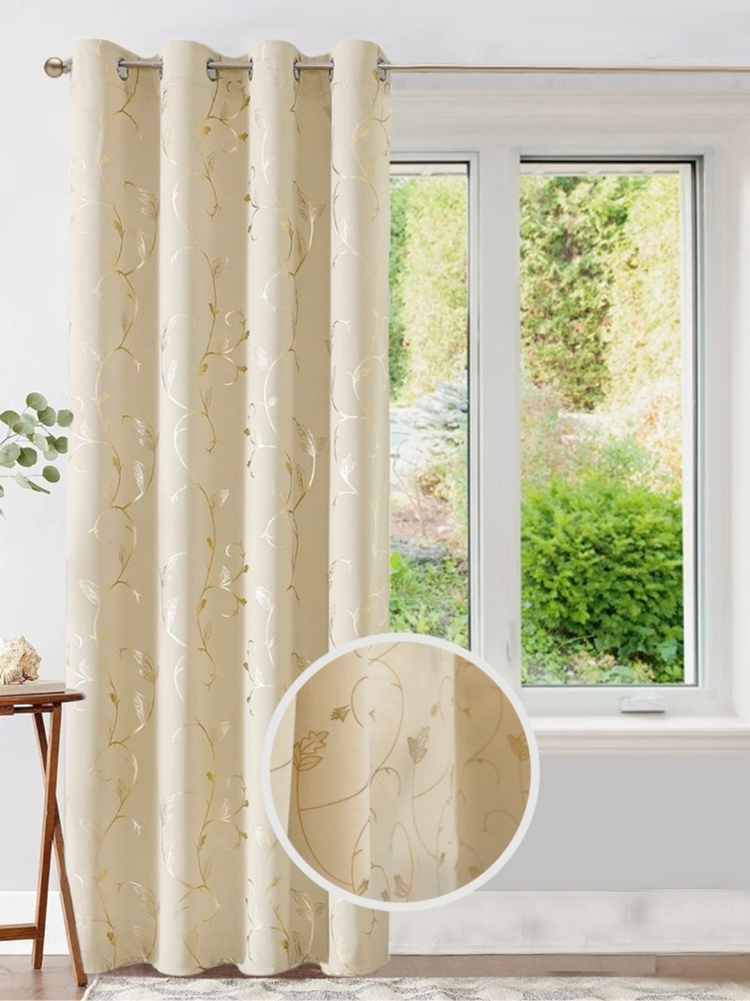 URBAN SPACE Beige & Yellow Floral Printed Black Out Window Curtain
