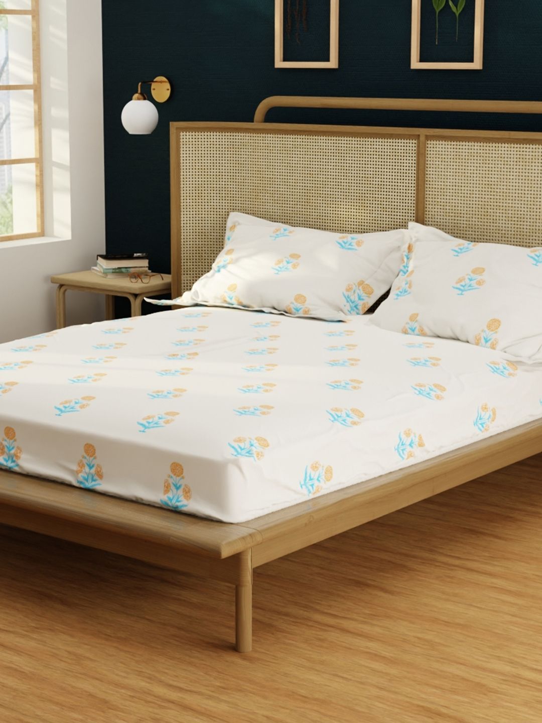 URBAN SPACE Yellow & Blue Printed 200 TC Cotton Single Bedsheet with 1 Pillow Cover