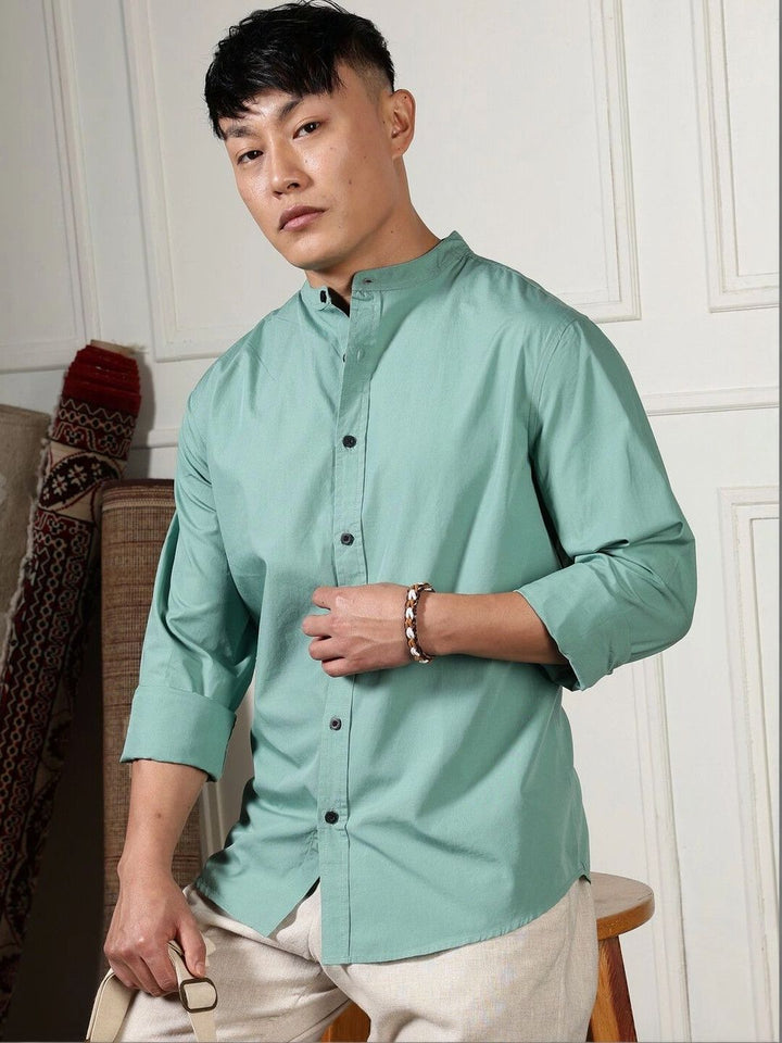 Eszett Long Sleeves Mandarin Collar Opaque Pure Cotton Regular Fit Casual Shirt